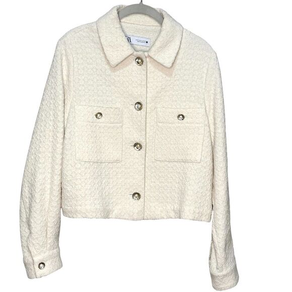 Zara Ivory Textured Jacket Blazer Gold Buttons Size Medium - Picture 1 of 7